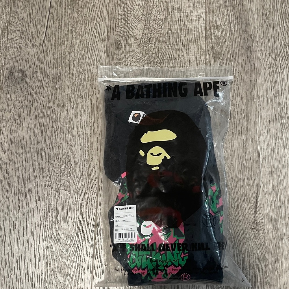 Bape Black Tee with Green and Pink Graphic